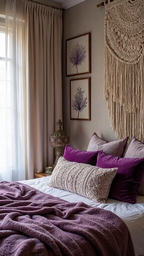 bohemian purple bedroom textile layering
