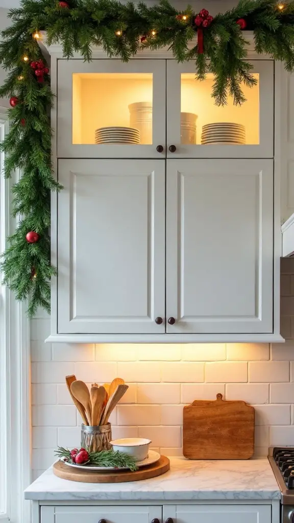 cascading organic kitchen cabinet greenery