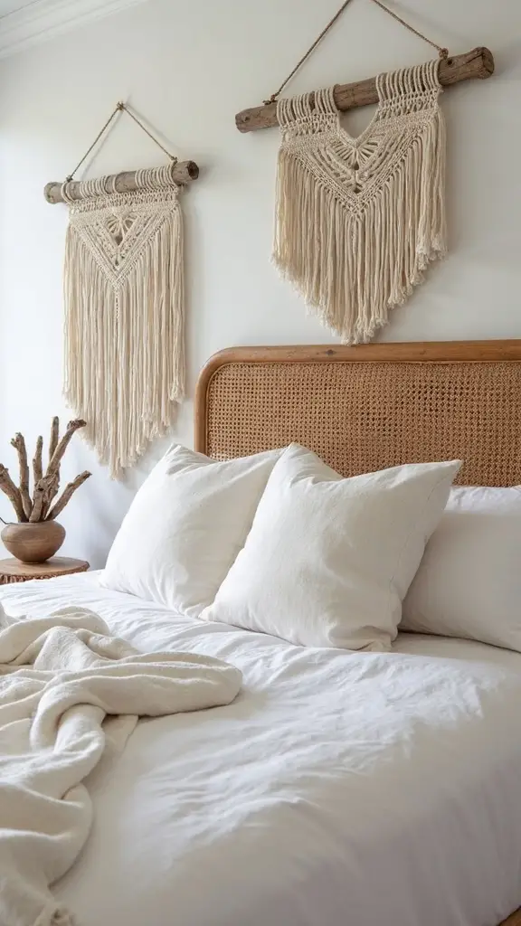 coastal boho bedroom transformation through caned headboard