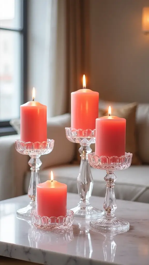 coral pink candles in crystal holders