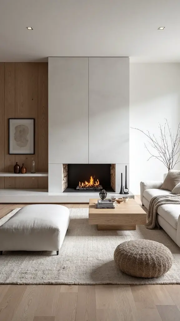 cozy minimalist balanced scandinavian fireplace