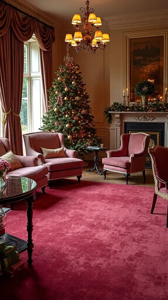 crimson rugs define holiday seating area