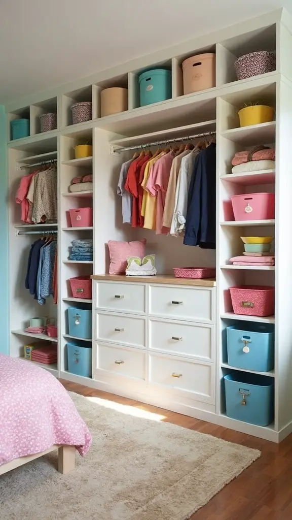 designated storage organizes shared bedroom
