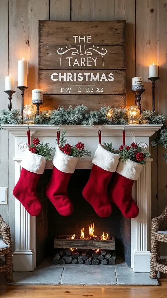 farmhouse christmas decor in red and white