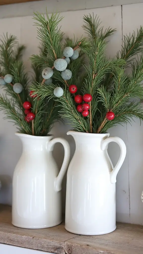 farmhouse christmas decor with milk jugs
