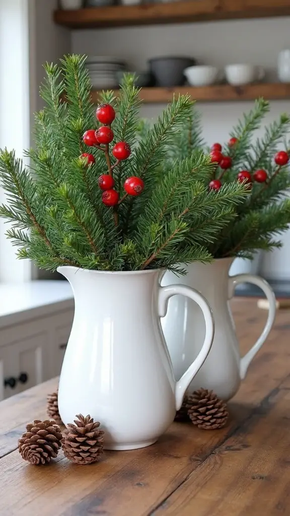 farmhouse christmas decor with white pitchers