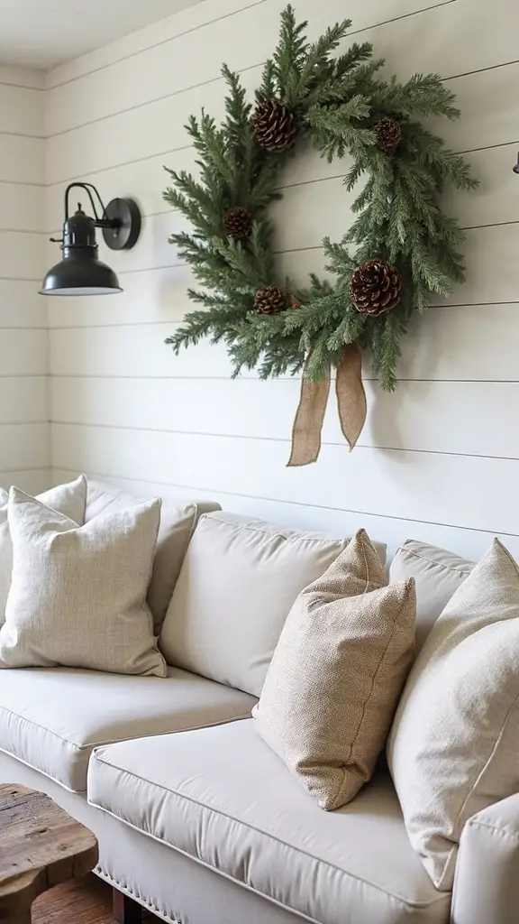 farmhouse cozy greenery adorned shiplap accent wall