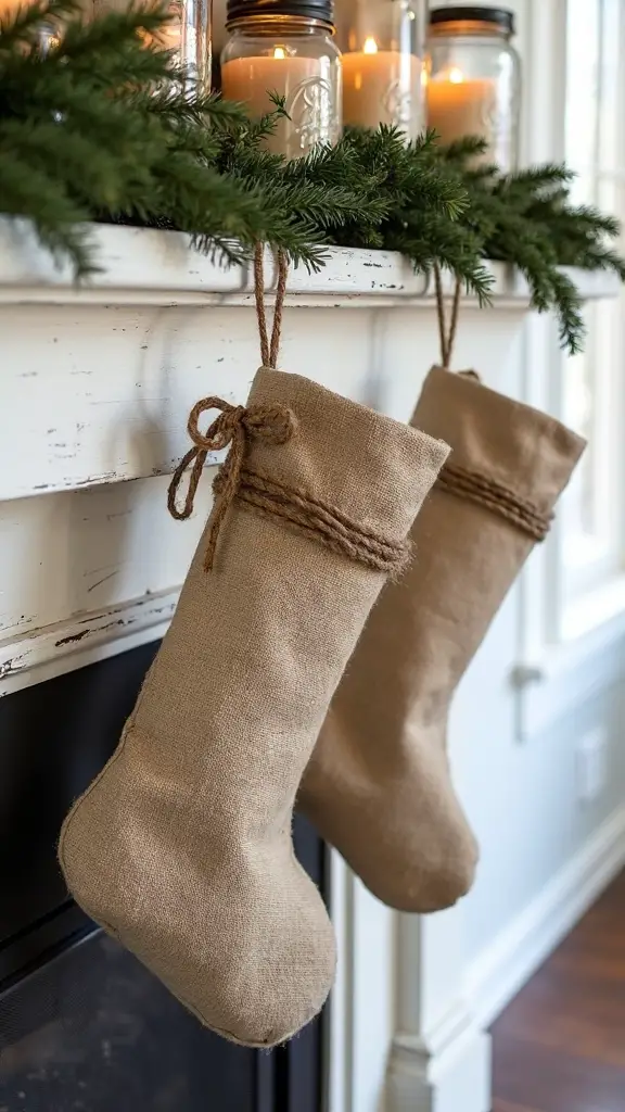 farmhouse inspired burlap and twine stockings
