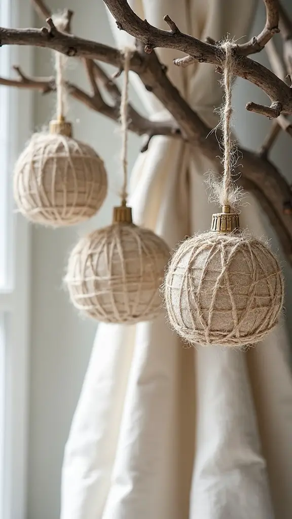 farmhouse inspired neutral twine ball ornaments