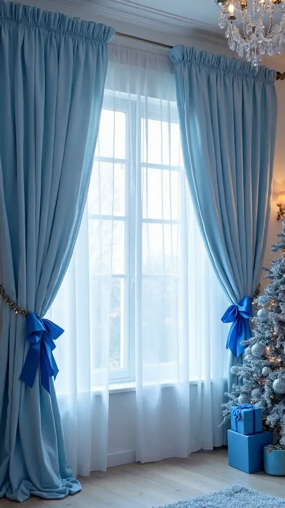 festive blue ribbon curtain accents