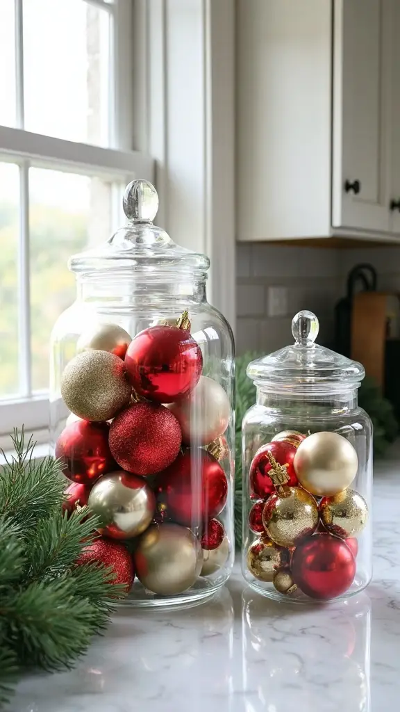 festive ornament filled glass jar displays