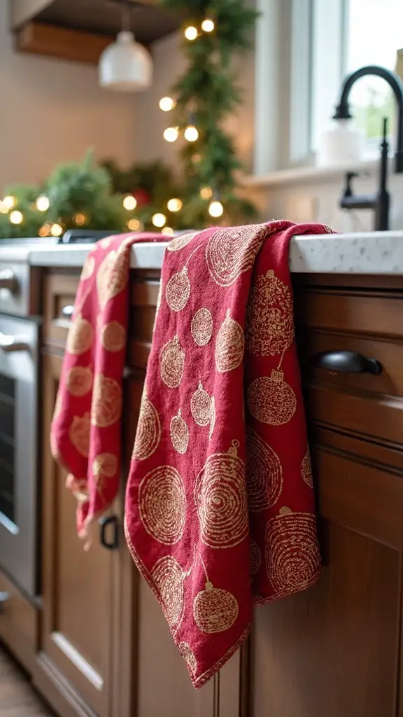 festive ornament patterned kitchen towels