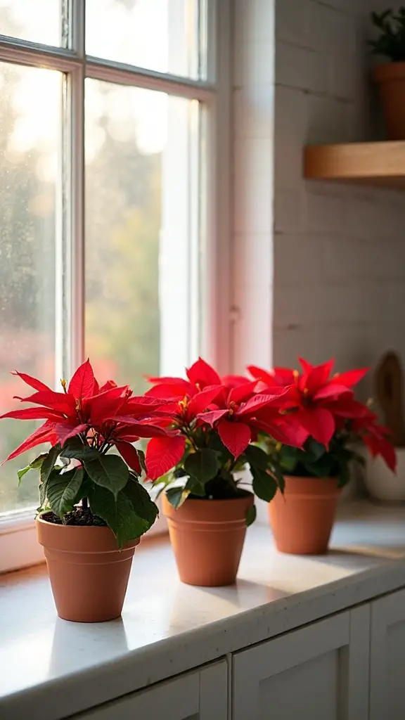 festive poinsettia cluster windowsill display