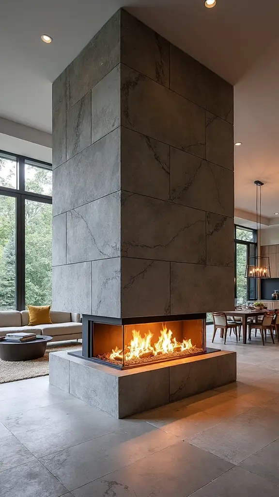 flexible multifunctional open concept room dividing fireplace