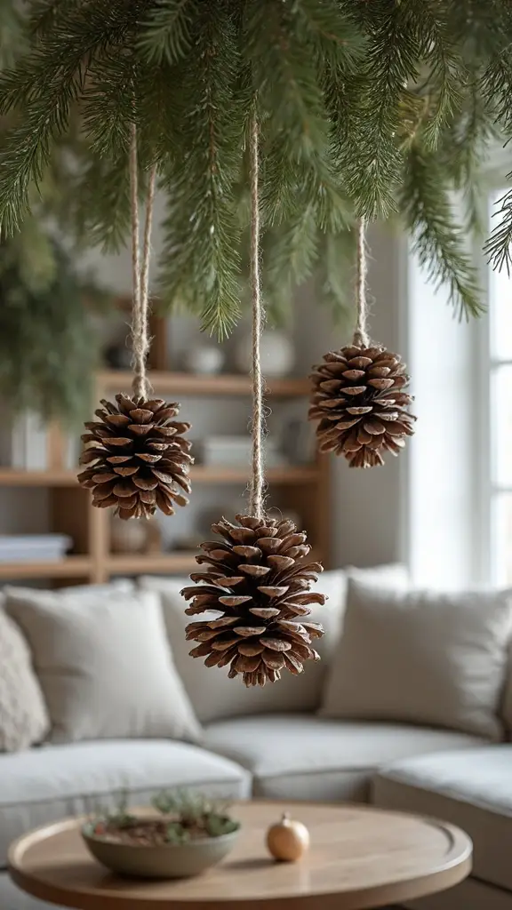 handcrafted pinecone ornaments with natural twine