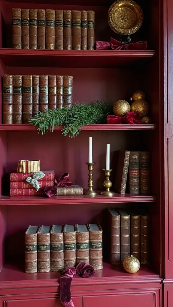 holiday decor bookshelf styling