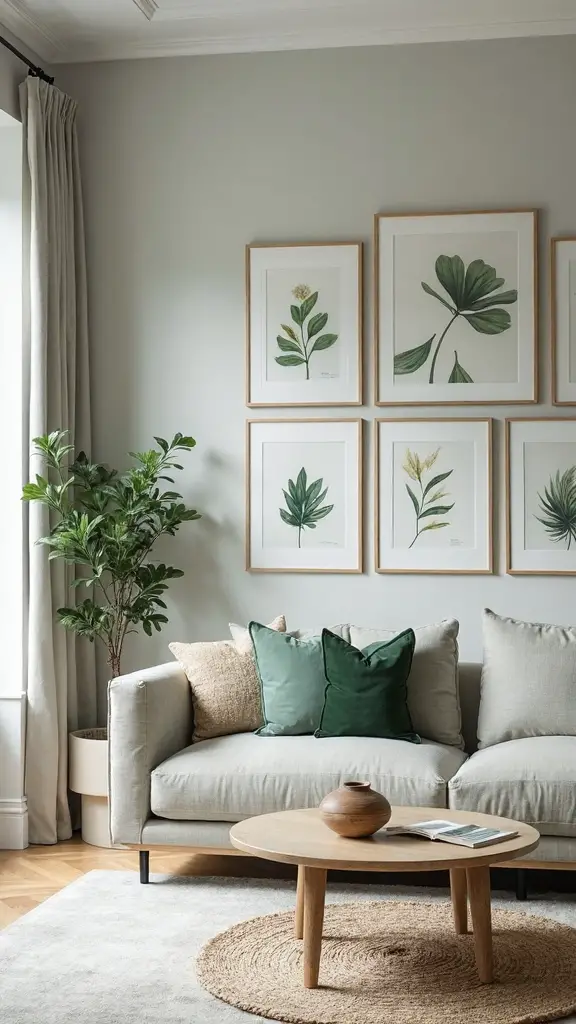 layered green art on grey walls
