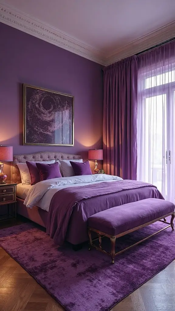 layered purple accents elevate bedroom ambiance