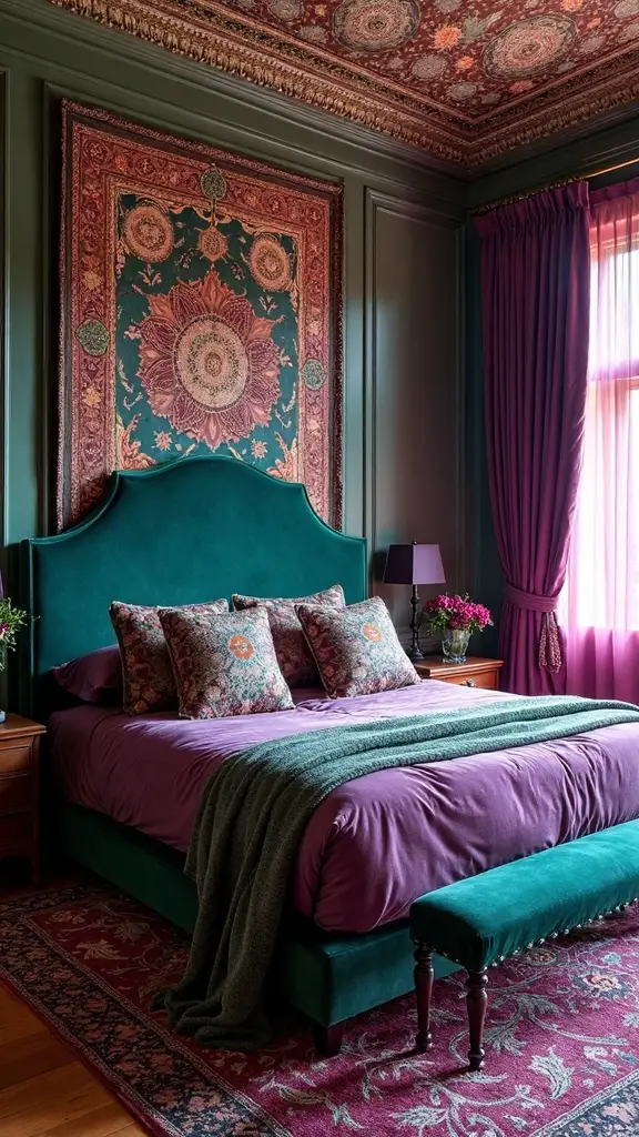 luxuriously sophisticated jewel toned boho bedroom