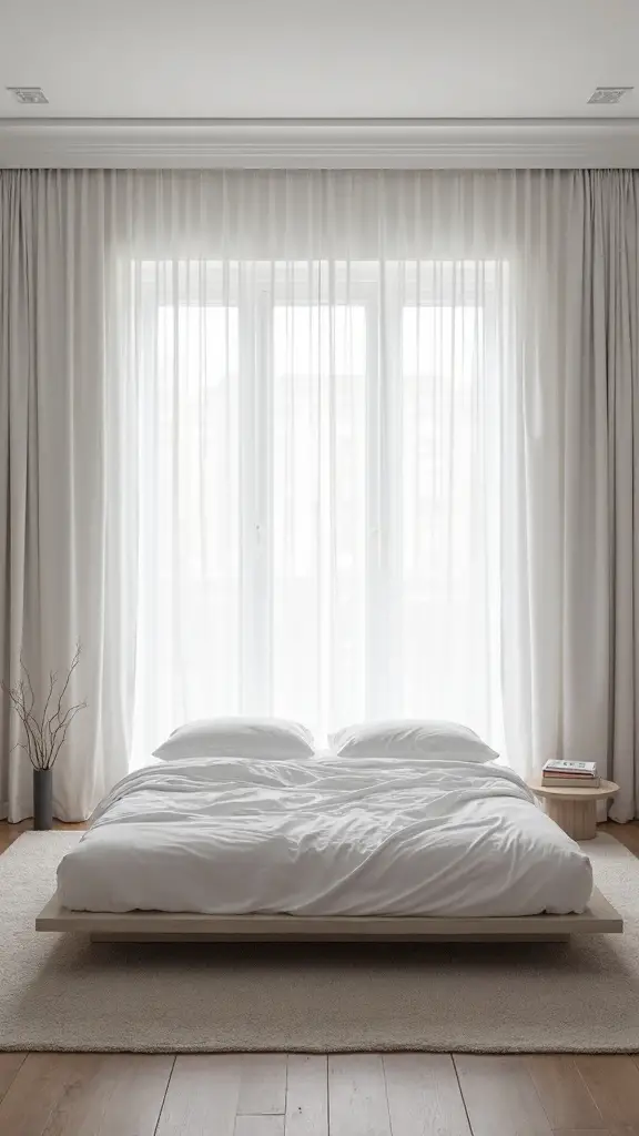 minimalist wall spanning curtains enhance bedroom tranquility