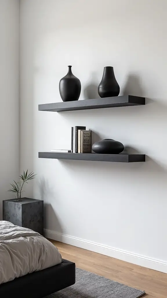 monochrome floating shelf decor