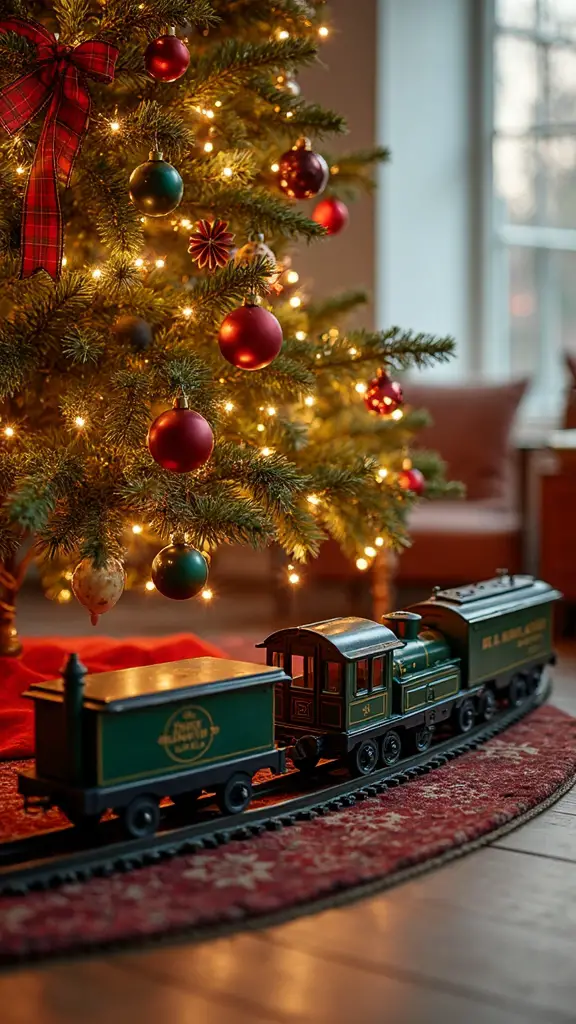 nostalgic christmas train display beneath tree