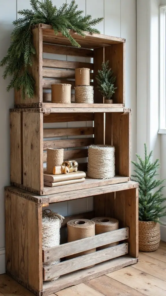 organized rustic gift wrap station