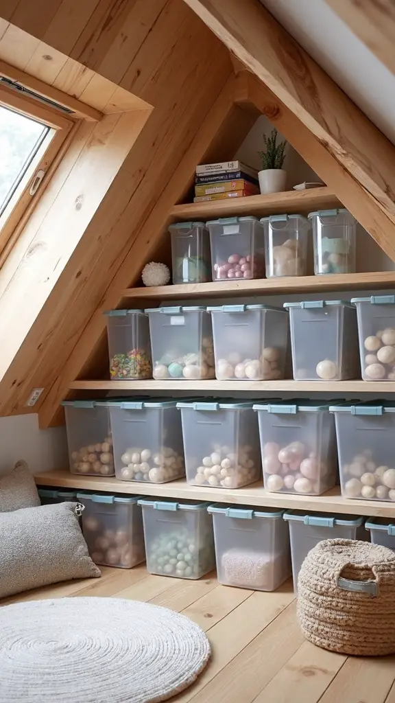 organized transparent labelled storage bins
