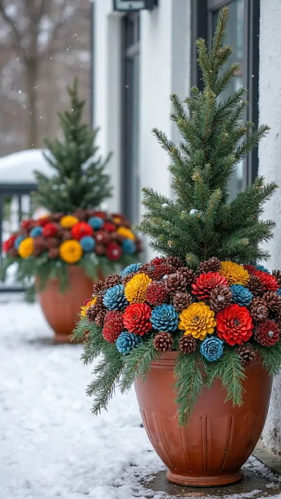 outdoor vibrant pine cone displays