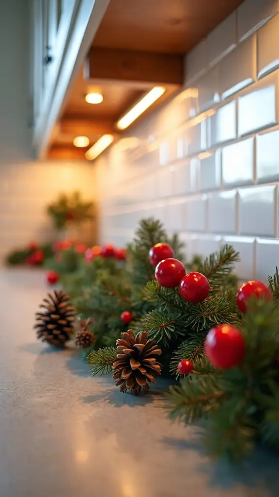 rustic backsplash decor with pinecones