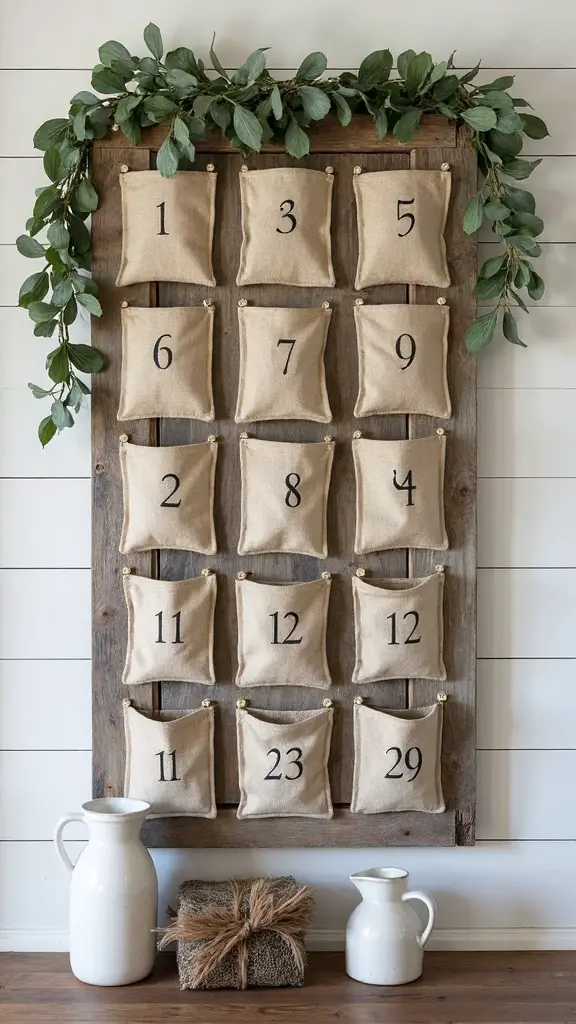 rustic farmhouse advent calendar with burlap