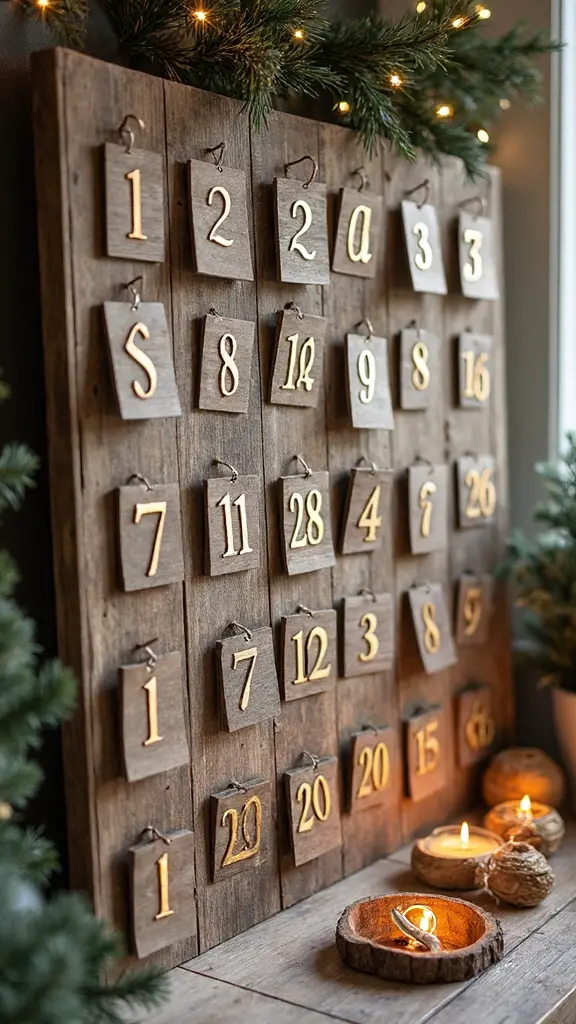 rustic farmhouse inspired advent calendar with gold