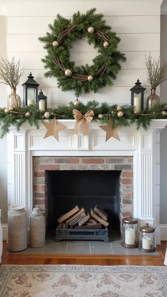 rustic natural layered farmhouse christmas mantel