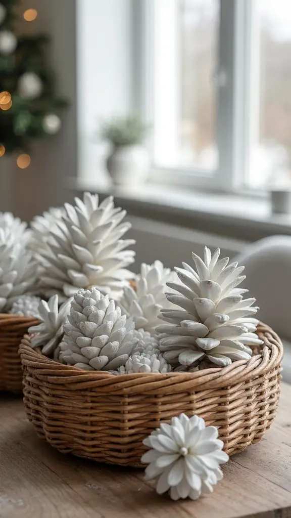rustic whitewashed woven pinecone decor