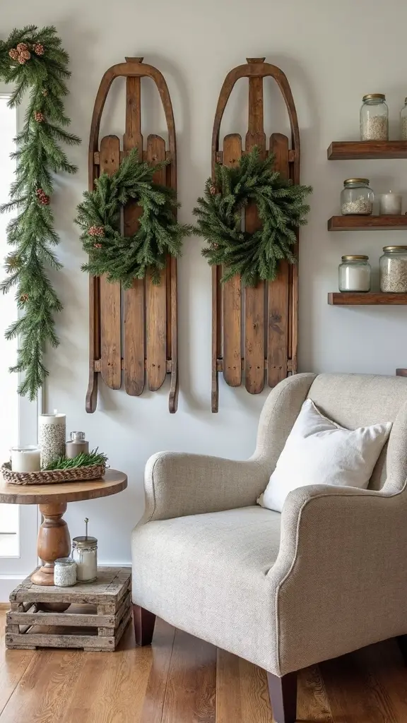 rustic wooden sled display shelves