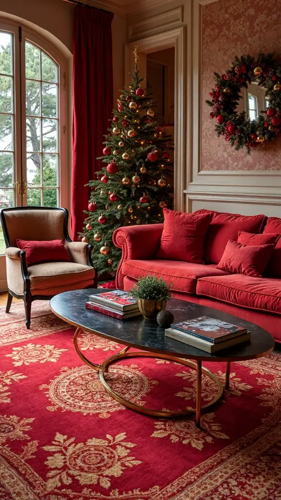 scarlet geometric rug anchors festive space