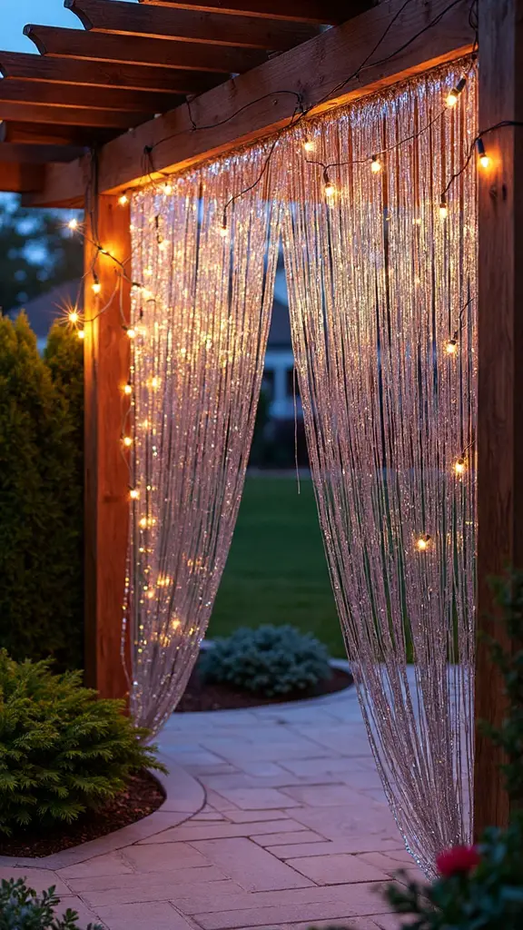 shimmering iridescent tinsel pergola holiday backdrop