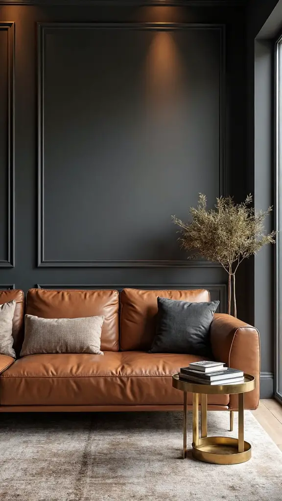 sophisticated charcoal cognac leather living room