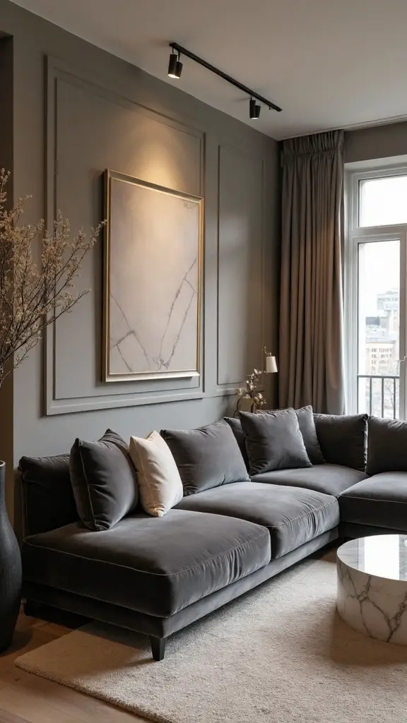 sophisticated grey sofa anchors living space