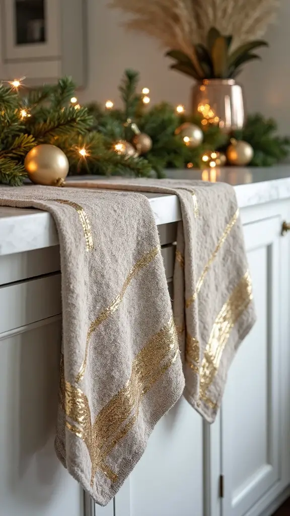 sophisticated metallic accent kitchen towels