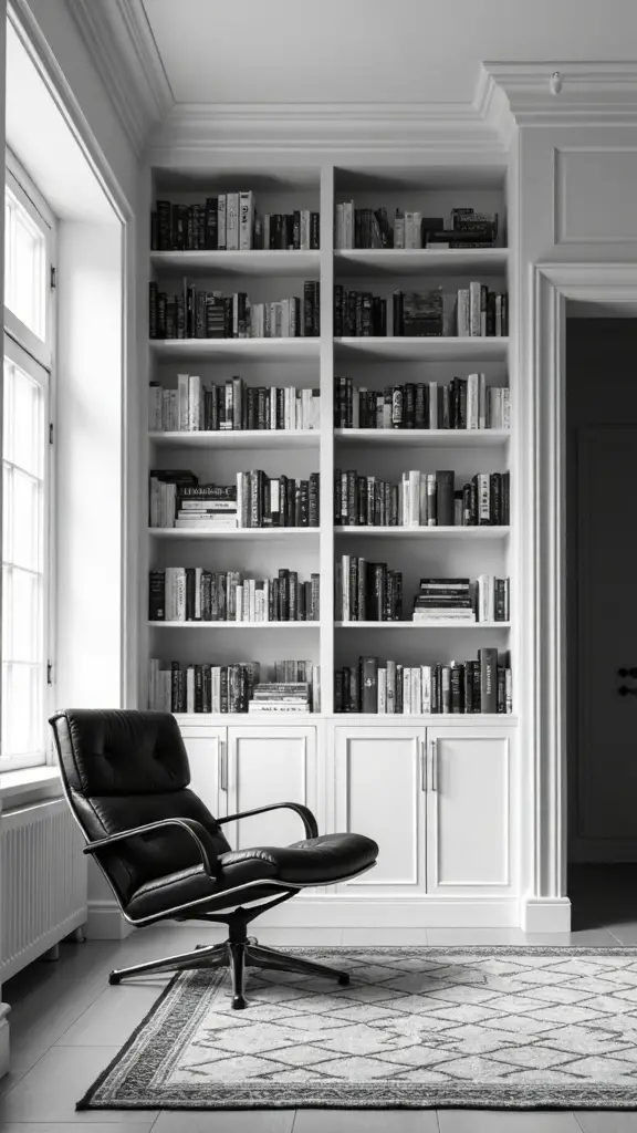 sophisticated monochrome minimalist library shelving