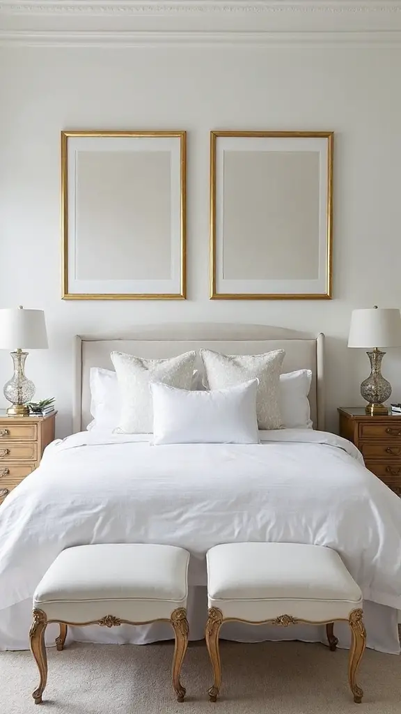 sophisticated white bedroom with metallic accents