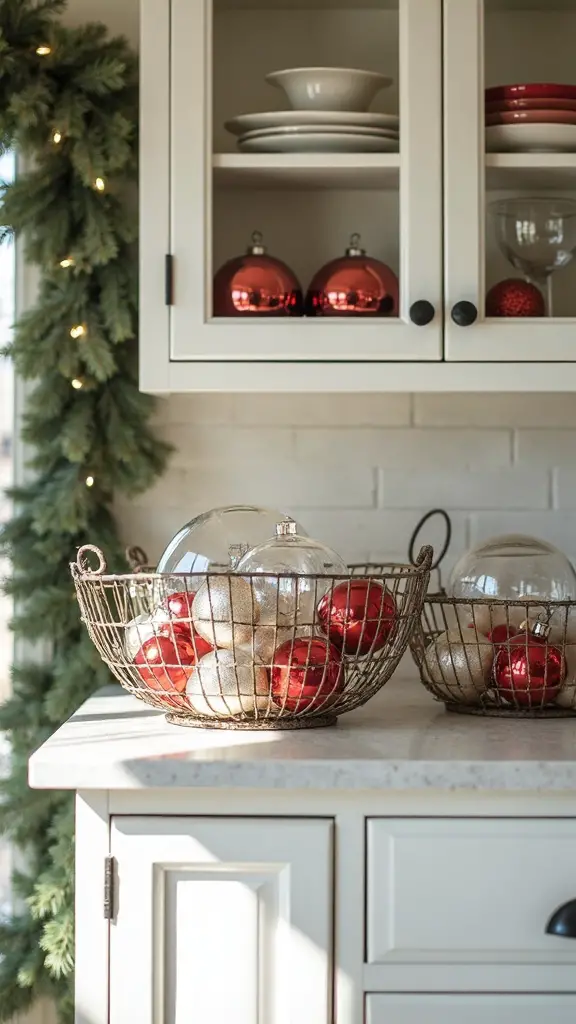 vintage ornament filled wire basket displays