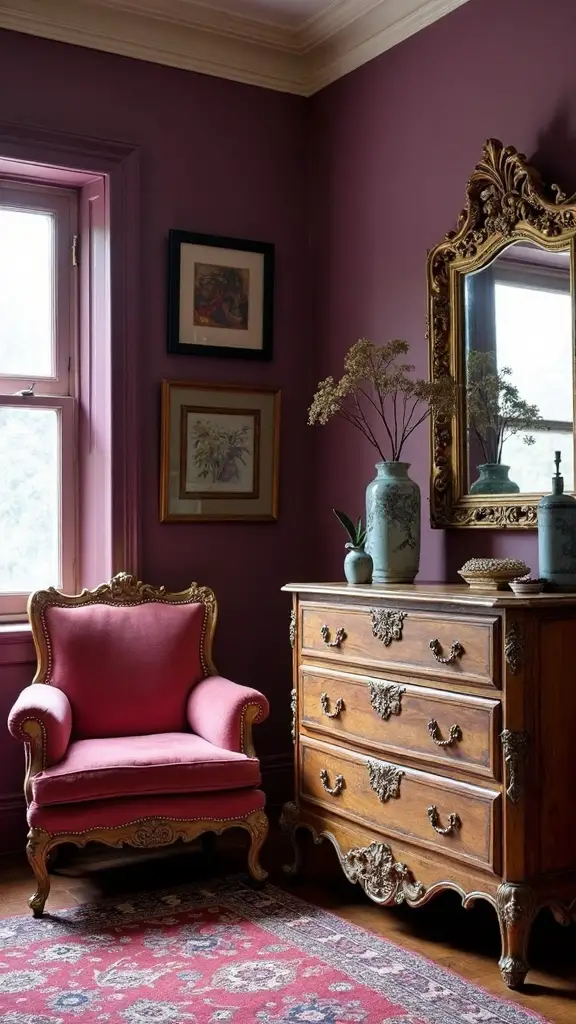 vintage purple accented antique furniture pieces
