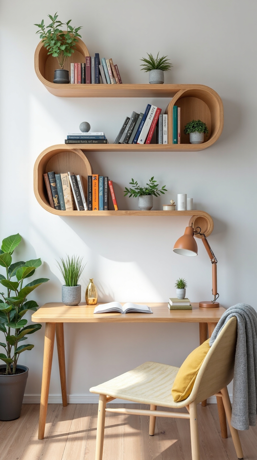 asymmetrical floating shelves maximized storage