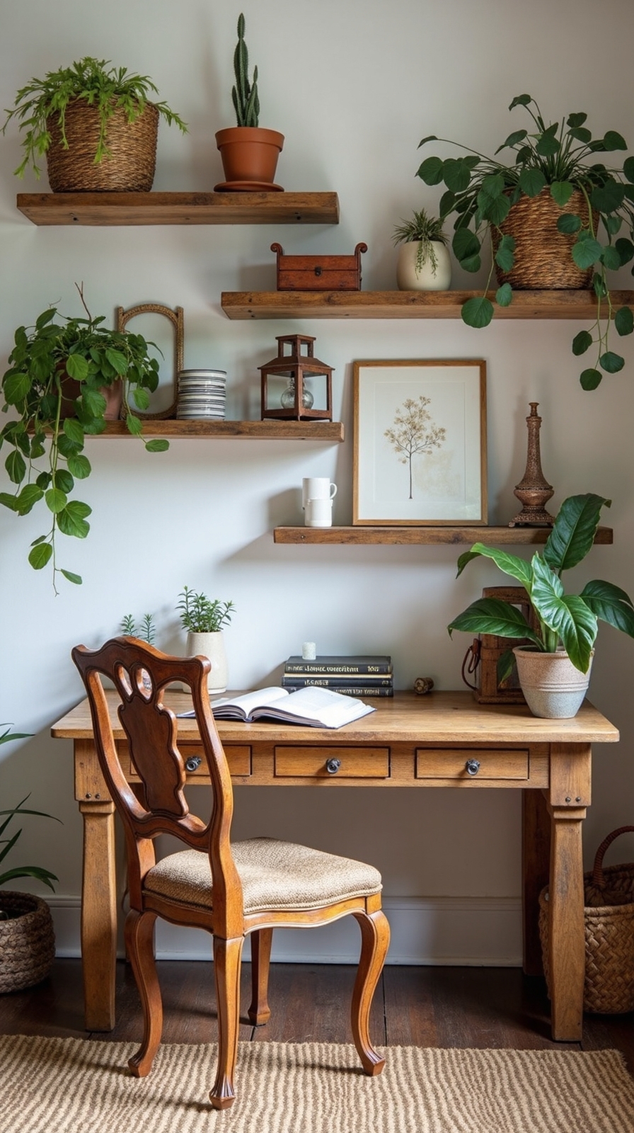 authentic bohemian workspace natural wood furniture