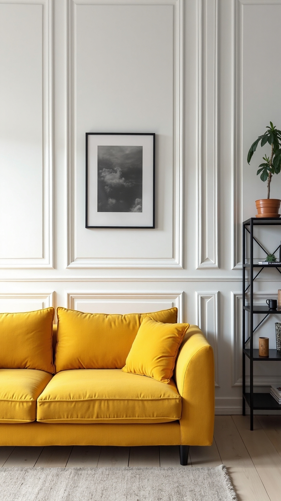 balanced minimalist decor showcases vibrant couch