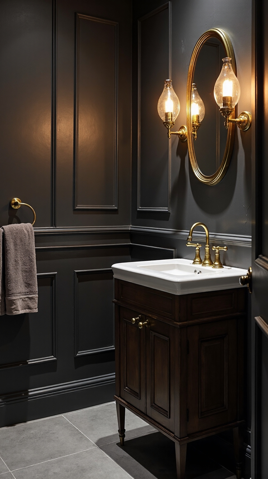 brass accents elevate dark bathrooms