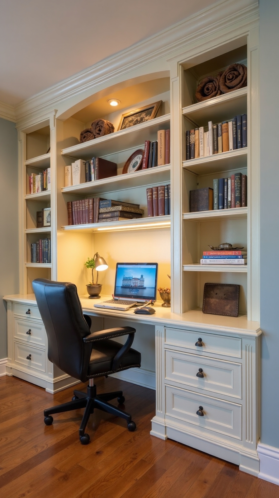 carved office alcove in bookshelf