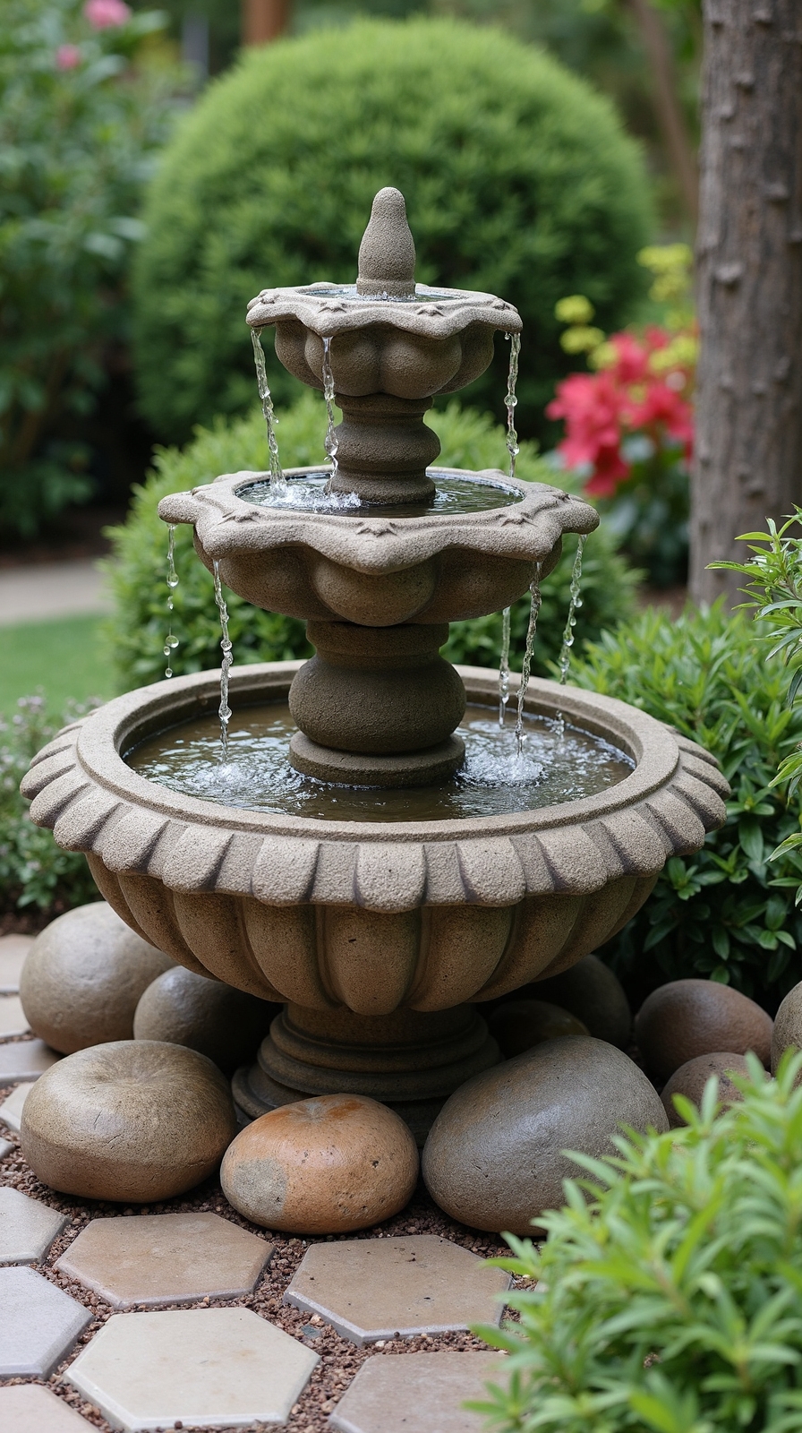 cascading tiered fountain soothing outdoor oasis